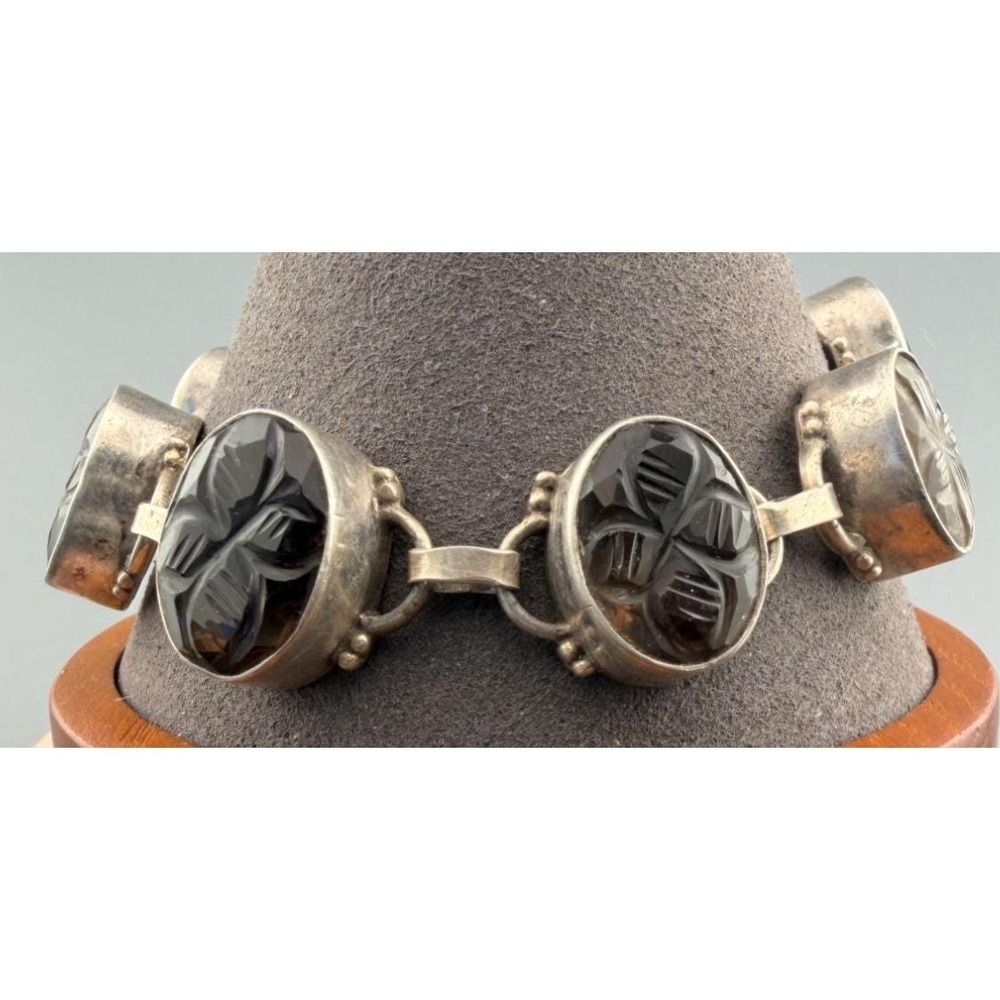 Vintage Bracelet Carved Rock Quartz Sterling Silver Clovers Crystal Smoky Quartz